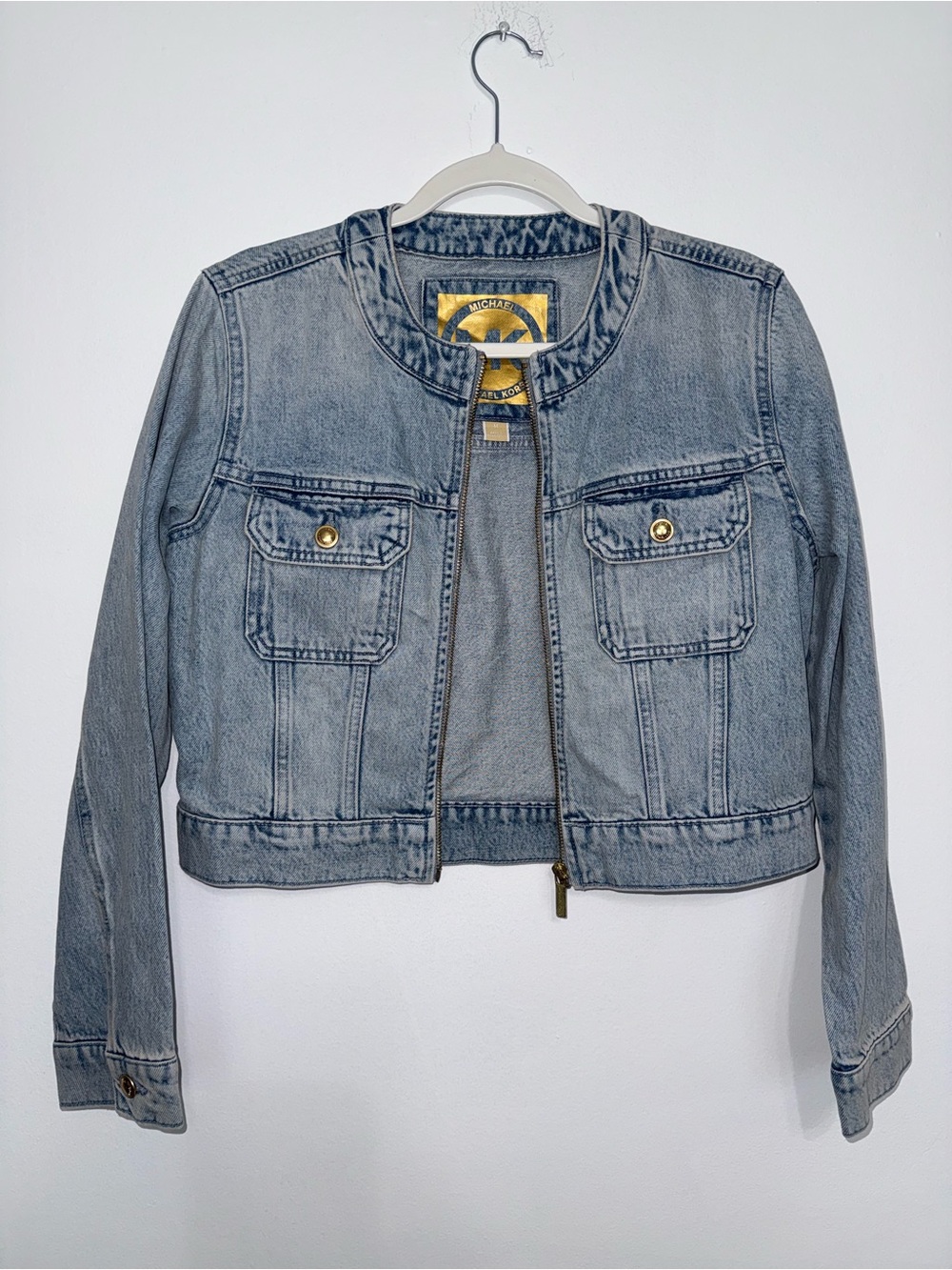 Michael Kors Light Blue Denim Zip Jacket with Gold Logo Detail